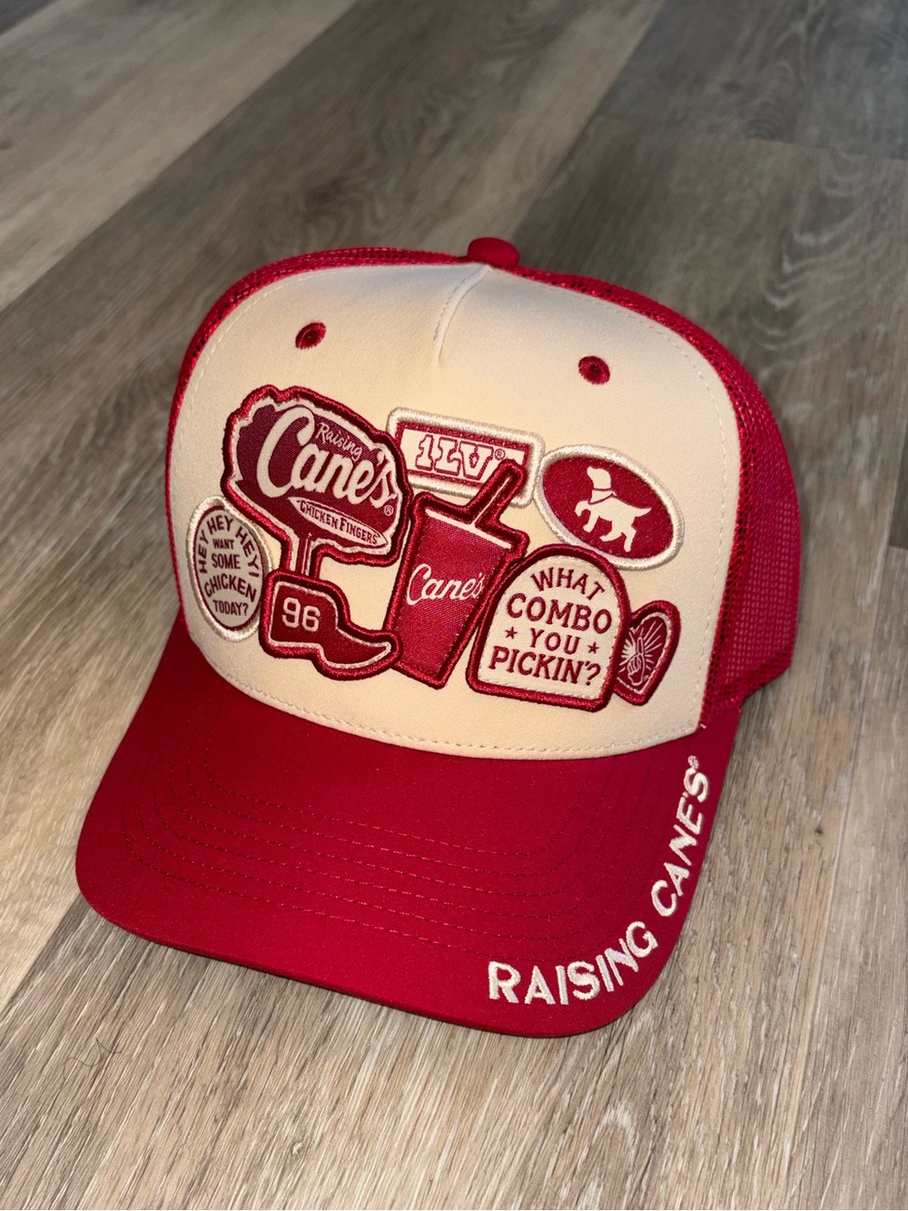 Raising Canes Patchwork Red and Cream Trucker Hat -Adult one size NWOT